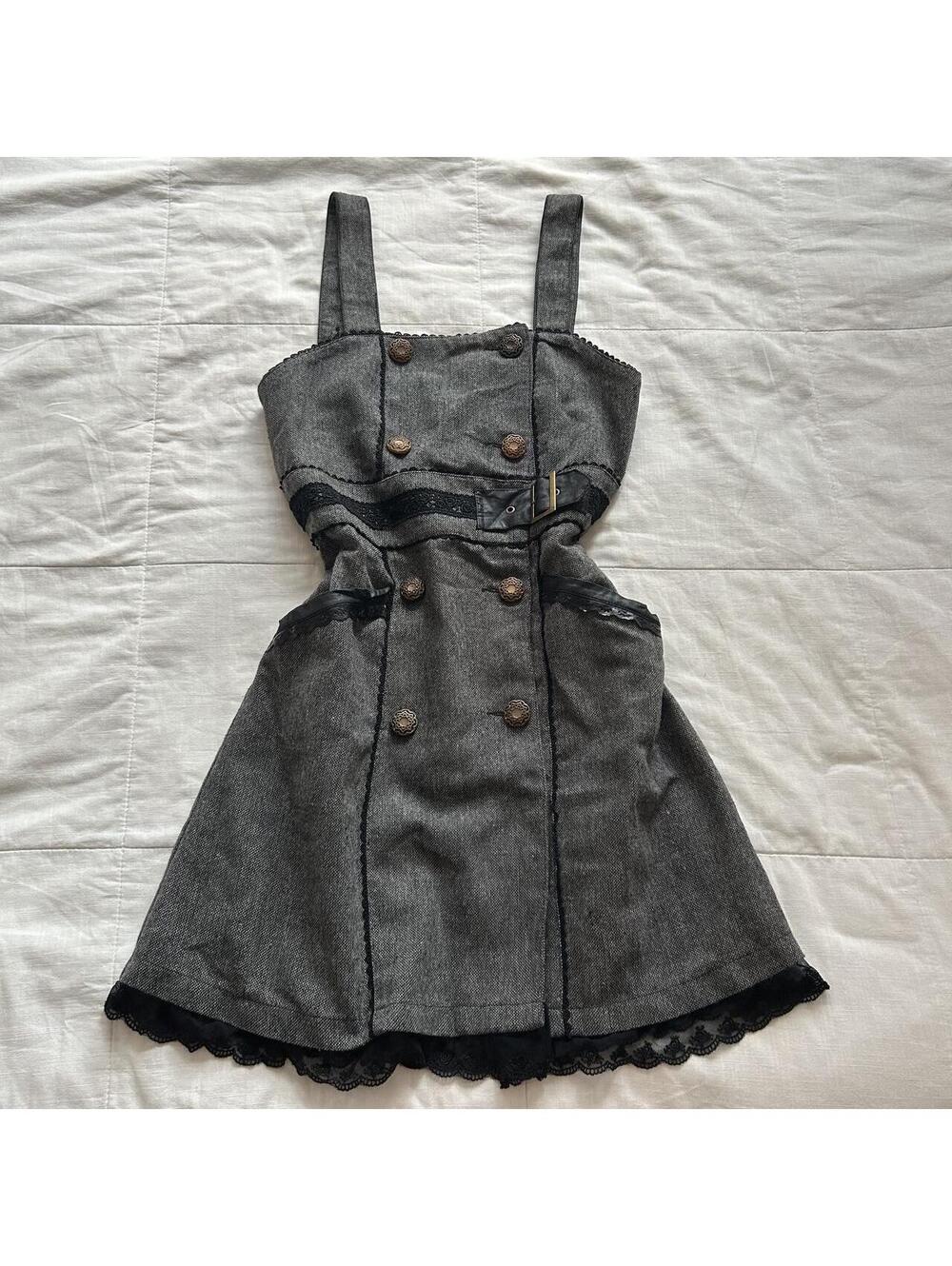 Axes Femme Charcoal Gray Pinafore Mini Dress Black Lace Corset Belt M Japan
